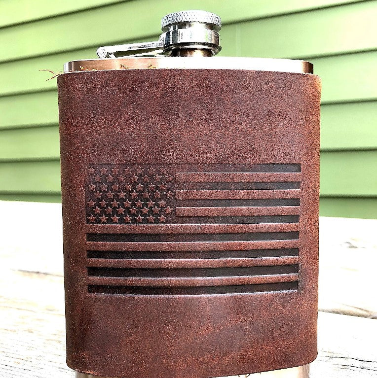American Flag USA Leather Wrapped Copper Coated Flask